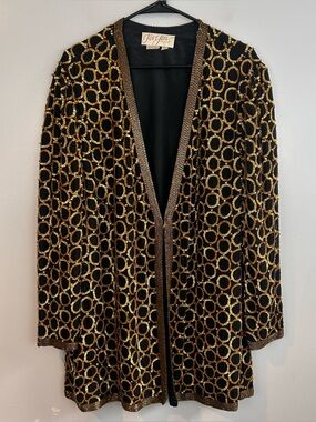 Vintage For You 100% Silk Gold Sequin Disco Blazer/Jacket V-neck  Glam Size 2X